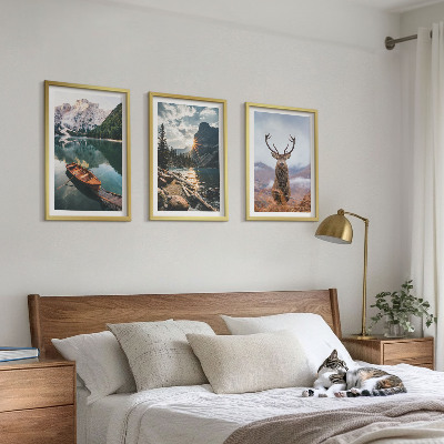 Lot de 3 tableaux pour salon Lac de montagne, bateau, coucher de soleil, cerf