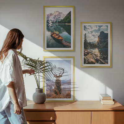 Lot de 3 tableaux pour salon Lac de montagne, bateau, coucher de soleil, cerf
