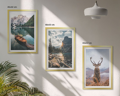 Lot de 3 tableaux pour salon Lac de montagne, bateau, coucher de soleil, cerf