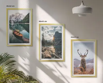 Lot de 3 tableaux pour salon représentant un lac de montagne avec un bateau, un coucher de soleil et un cerf