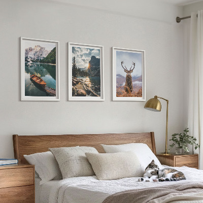 Lot de 3 tableaux pour salon Lac de montagne, bateau, coucher de soleil, cerf