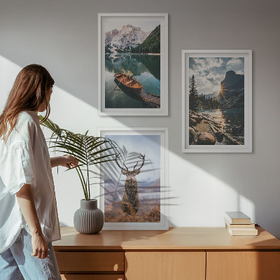 Lot de 3 tableaux pour salon Lac de montagne, bateau, coucher de soleil, cerf