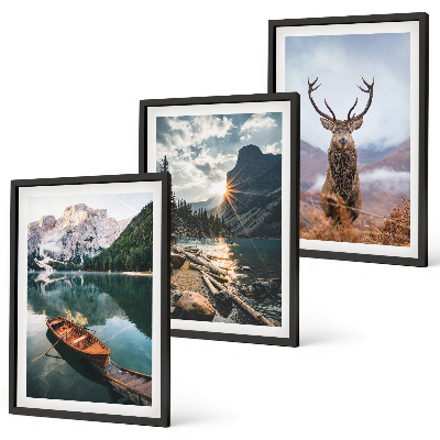 Lot de 3 tableaux pour salon Lac de montagne, bateau, coucher de soleil, cerf