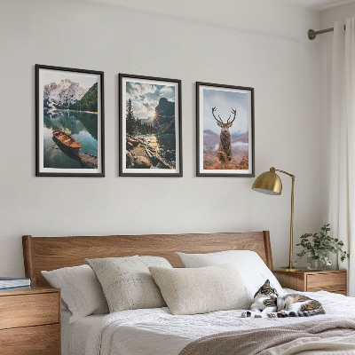 Lot de 3 tableaux pour salon Lac de montagne, bateau, coucher de soleil, cerf