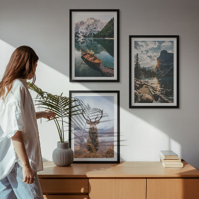 Lot de 3 tableaux pour salon Lac de montagne, bateau, coucher de soleil, cerf
