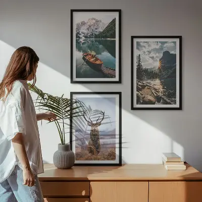 Lot de 3 tableaux pour salon représentant un lac de montagne avec un bateau, un coucher de soleil et un cerf