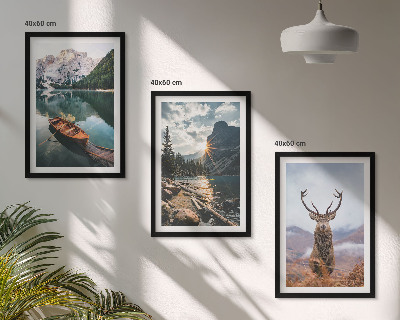 Lot de 3 tableaux pour salon Lac de montagne, bateau, coucher de soleil, cerf