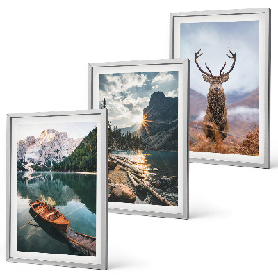 Lot de 3 tableaux pour salon Lac de montagne, bateau, coucher de soleil, cerf