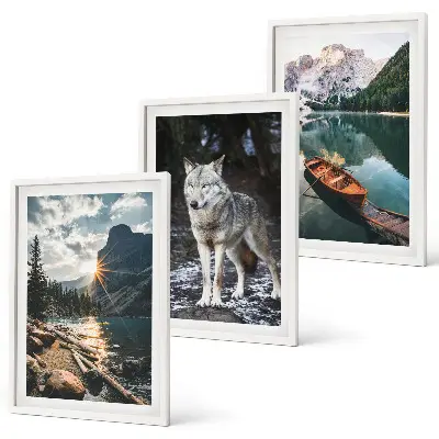 Lot de 3 tableaux pour salon motif montagnes lacs et loup