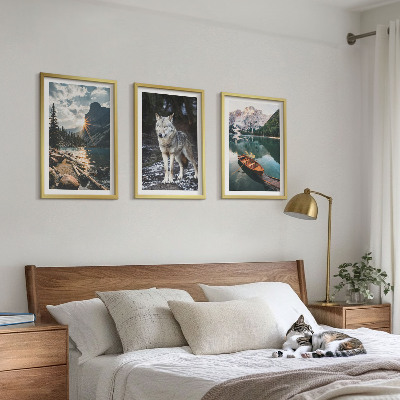 Lot de 3 tableaux pour salon Montagnes lacs loup nature