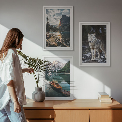 Lot de 3 tableaux pour salon Montagnes lacs loup nature
