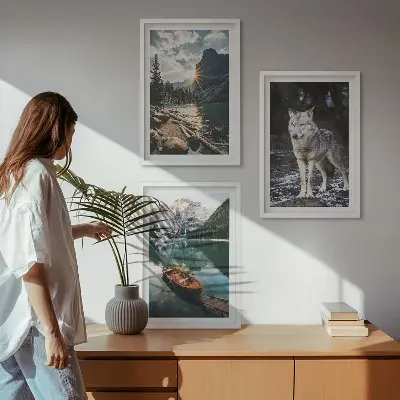 Lot de 3 tableaux pour salon motif montagnes lacs et loup