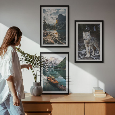 Lot de 3 tableaux pour salon Montagnes lacs loup nature