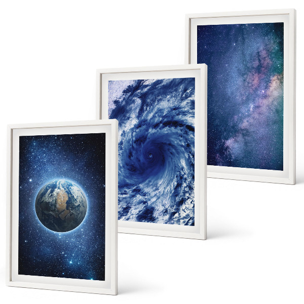 Lot de 3 tableaux pour salon Terre, espace, tempête, galaxie