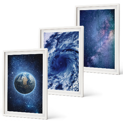 Lot de 3 tableaux pour salon Terre, espace, tempête, galaxie
