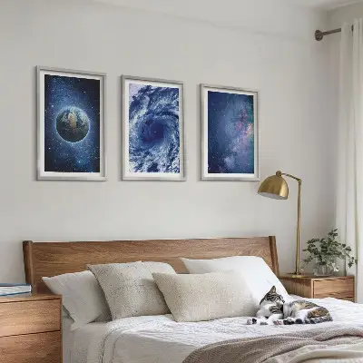Lot de 3 tableaux pour salon thème terre, espace, tempête et galaxie