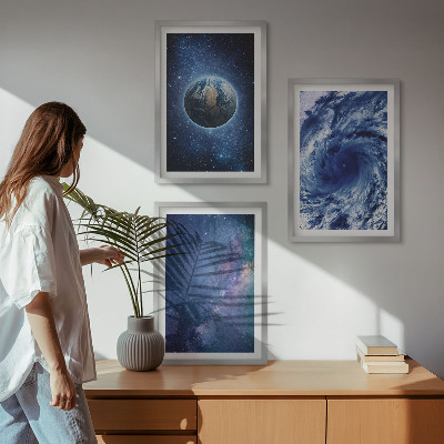 Lot de 3 tableaux pour salon Terre, espace, tempête, galaxie