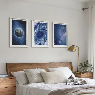 Lot de 3 tableaux pour salon thème terre, espace, tempête et galaxie