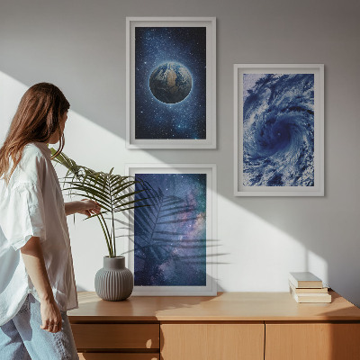 Lot de 3 tableaux pour salon Terre, espace, tempête, galaxie