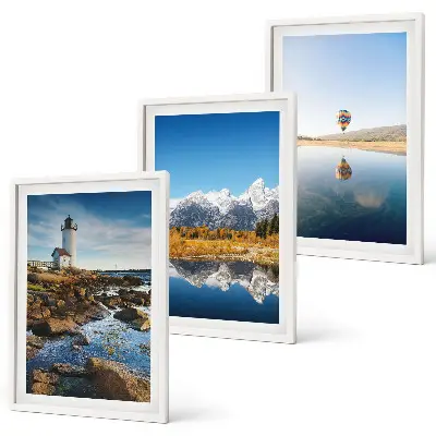 Cadre photo mural présentant des paysages de nature, un phare, des montagnes et une montgolfière