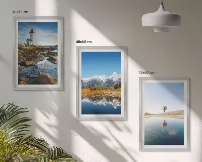 Cadre photo mural présentant des paysages de nature, un phare, des montagnes et une montgolfière