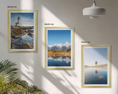 Cadre photo mural présentant des paysages de nature, un phare, des montagnes et une montgolfière