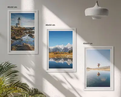 Cadre photo mural présentant des paysages de nature, un phare, des montagnes et une montgolfière