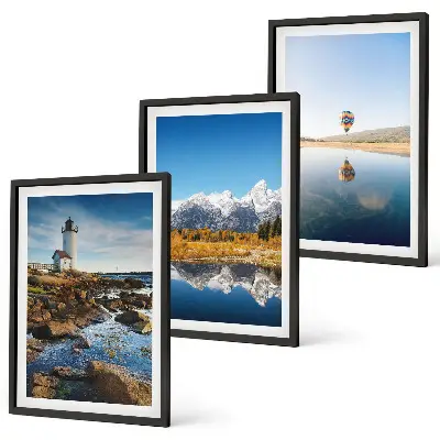 Cadre photo mural présentant des paysages de nature, un phare, des montagnes et une montgolfière