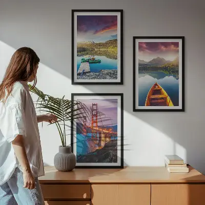 Cadre photo mural avec motif de montagnes, lac et ponts