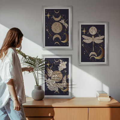 Lot de 3 tableaux pour salon Motifs naturels, fleurs de lune