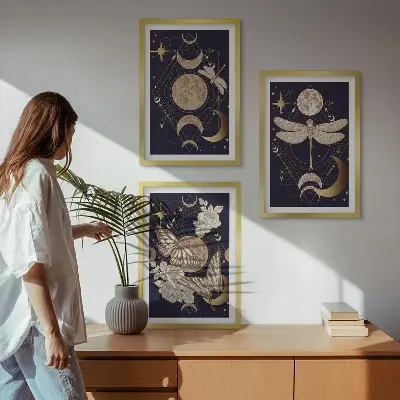 Lot de 3 tableaux pour salon motifs naturels avec des fleurs de lune