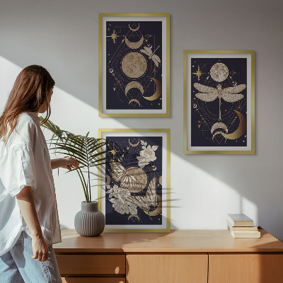 Lot de 3 tableaux pour salon Motifs naturels, fleurs de lune