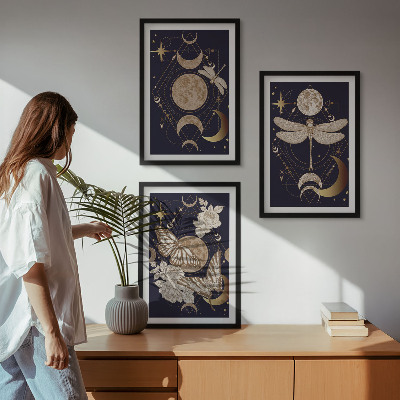 Lot de 3 tableaux pour salon Motifs naturels, fleurs de lune