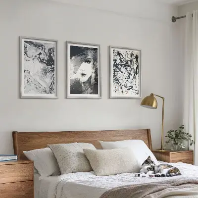 Lot de 3 tableaux pour salon avec motifs abstraits en noir et blanc