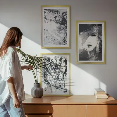 Lot de 3 tableaux pour salon avec motifs abstraits en noir et blanc