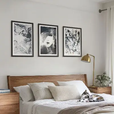 Lot de 3 tableaux pour salon avec motifs abstraits en noir et blanc