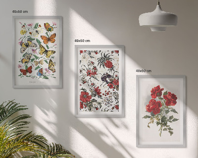 Cadre photo mural Papillons fleurs roses rouges
