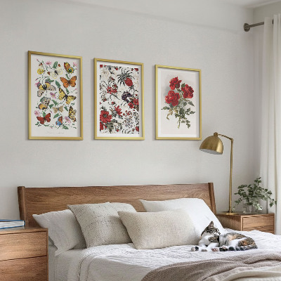 Cadre photo mural Papillons fleurs roses rouges
