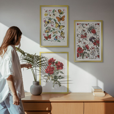 Cadre photo mural Papillons fleurs roses rouges