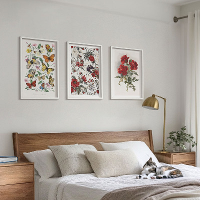 Cadre photo mural Papillons fleurs roses rouges