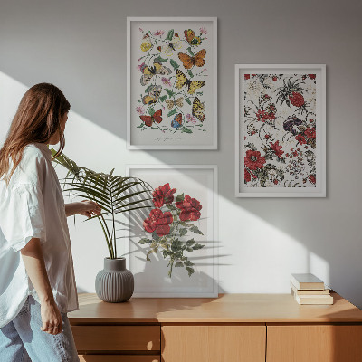 Cadre photo mural Papillons fleurs roses rouges