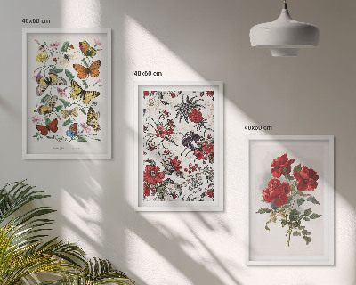Cadre photo mural Papillons fleurs roses rouges