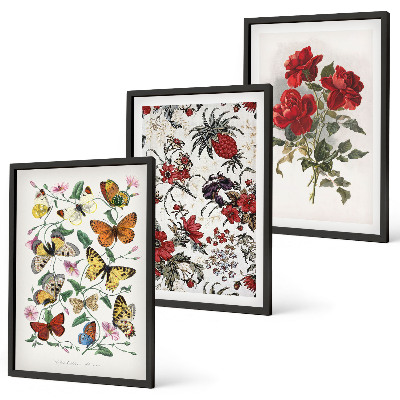 Cadre photo mural Papillons fleurs roses rouges