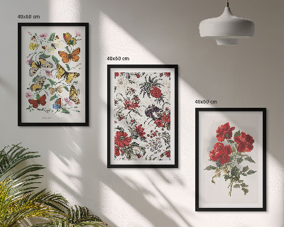 Cadre photo mural Papillons fleurs roses rouges
