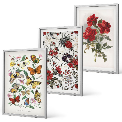 Cadre photo mural Papillons fleurs roses rouges