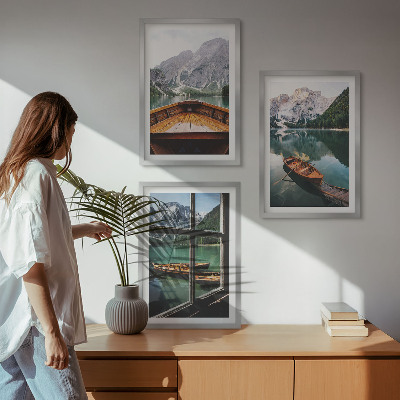 Lot de 3 tableaux pour salon Fenêtre sur les bateaux des lacs de montagne