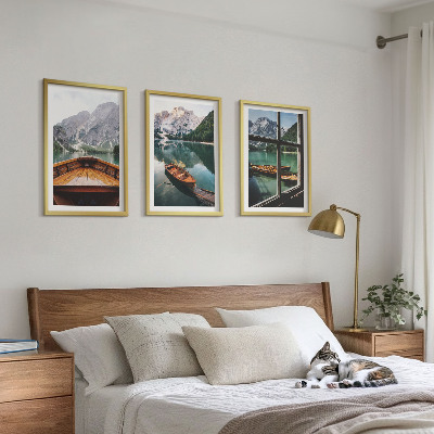Lot de 3 tableaux pour salon Fenêtre sur les bateaux des lacs de montagne