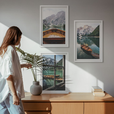 Lot de 3 tableaux pour salon Fenêtre sur les bateaux des lacs de montagne