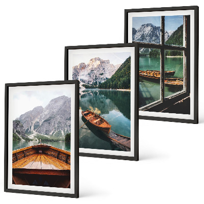Lot de 3 tableaux pour salon Fenêtre sur les bateaux des lacs de montagne