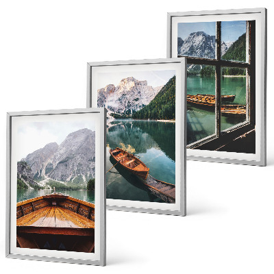 Lot de 3 tableaux pour salon Fenêtre sur les bateaux des lacs de montagne
